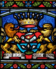 Stained glass window in parish church of Saint Mark in Zagreb, Croatia 