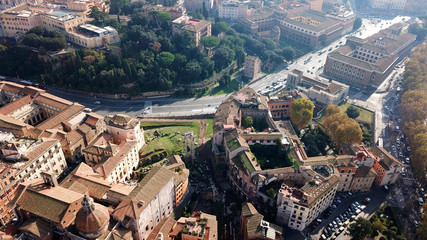Fototapeta premium Aerial drone photo of iconic Theatre of Marcello and the ruins of Temple of Apollo Palatinus, Rome, Italy