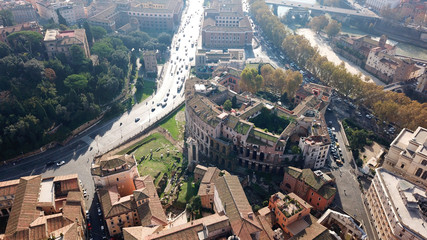 Fototapeta premium Aerial drone photo of iconic Theatre of Marcello and the ruins of Temple of Apollo Palatinus, Rome, Italy