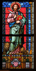 Saint Mark the Evangelist, stained glass window in parish church of Saint Mark in Zagreb, Croatia 