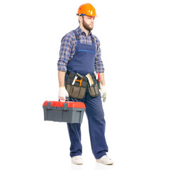 Young man builder industry worker with a hammer toolbox on white background isolation