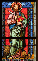 Saint Mark the Evangelist, stained glass window in parish church of Saint Mark in Zagreb, Croatia 