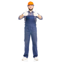 Young man builder industry worker hardhat on white background isolation