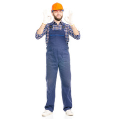 Young man builder industry worker hardhat on white background isolation