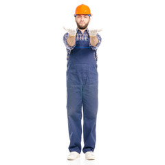 Young man builder industry worker hardhat pain hand on white background isolation