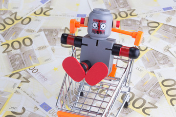 Robot in shopping cart with 200 Euro money