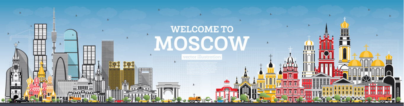 Welcome to Moscow Russia Skyline with Gray Buildings and Blue Sky.