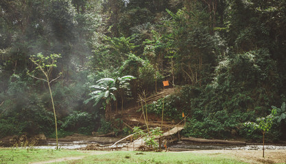 Bamboo bridge over a mountainous river in the jungle, a journey through northern Thailand