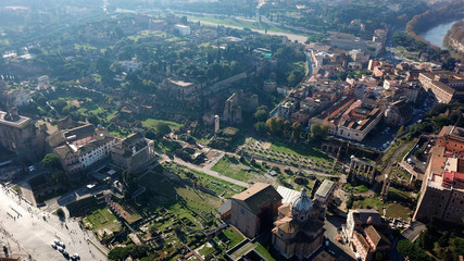 Aerial drone view from Roman Forum one of the main tourist attractions which was build in ancient...