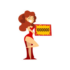 Smiling girl holding winning check for one million dollars, quiz show concept vector Illustration on a white background