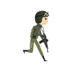 Military man running with gun, soldier character in camouflage uniform cartoon vector Illustration on a white background