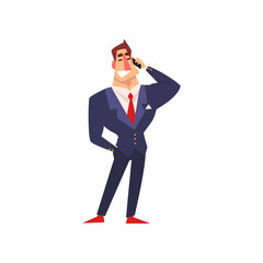 Successful businessman character in blue suit talking on mobile phone cartoon vector Illustration on a white background