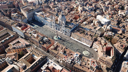 Aerial drone view of iconic landmark Piazza Navona Square featuring Fountain of the Four Rivers...