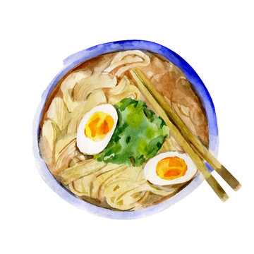 Asian noodle soup, ramen with chicken, tofu, vegetables and egg in blue bowl. Top view. Japanese traditional dishes with chopstick served.  Watercolor vector illustration of vegetarian food.