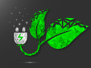 Leaf natural Charger ECO Icon made from lines, triangles, and points with a green leaf that produces electricity. Low poly wireframe, polygonal vector illustration