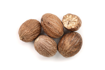 Nutmeg isolated on white background. Top view