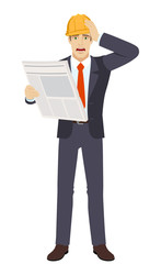 Bad news. Businessman in construction helmet with newspaper grabbed his head
