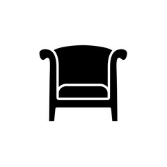 Black & white vector illustration of vintage wooden armchair with high back. Flat icon of arm chair seat. Upholstery furniture. Isolated object