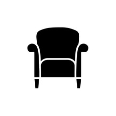 Black & white vector illustration of retro style armchair with high back. Flat icon of vintage arm chair seat. Upholstery furniture. Isolated object