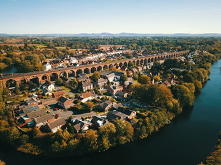 Historic railway market town of yarm in Teesside with the brick built railway viaduct