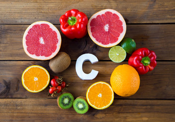 Vitamin C in fruits and vegetables. Natural products rich in vitamin C and word C