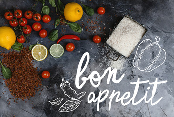 top view of raw rice in container, spices and vegetables on scratched grey surface, bon appetit...