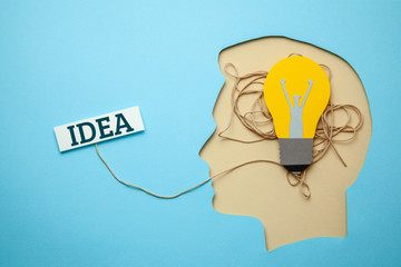 Profile of a human head with a light bulb as a symbol of the idea.