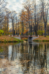 Fototapeta na wymiar Stone Bridge. Autumn in Pushkin, St. Petersburg, Russia