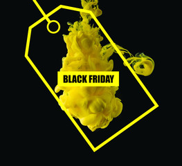 bright yellow flowing ink on black background with sale tag for black friday