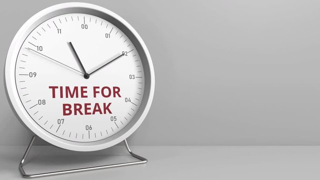Clock face with revealing TIME FOR BREAK text. Conceptual animation
