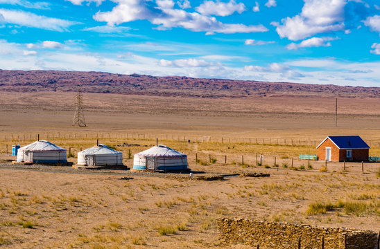 Aerial view of the mongolian ger on a steppe
