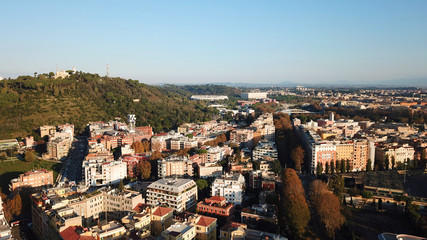 Naklejka premium Aerial drone bird's eye view of iconic architecture in city of Rome next to river Tiber, Italy