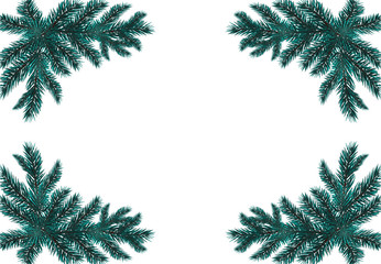 Four blue realistic fir branches. Placed in the corners. Isolated on white background. Christmas illustration