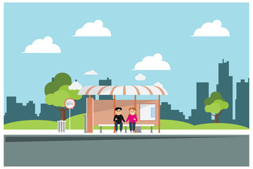 Obraz na płótnie Canvas flat illustration waiting for the bus at the stop, vector illustration