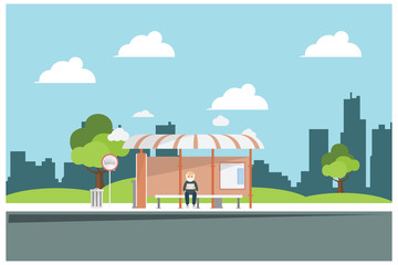 flat illustration waiting for the bus at the stop, vector illustration