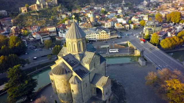 Aerial:  Metekhi St. Virgin church 

in Tbilisi, Georgia