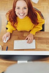 Smiling woman using computer while sitting at desk