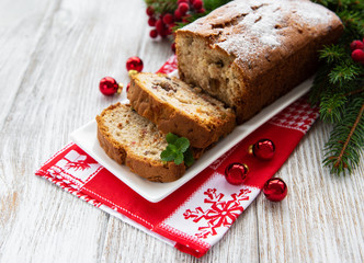 traditional homemade stollen with dried fruits and nuts