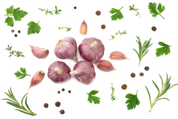 garlic and spices isolated on white background. top view