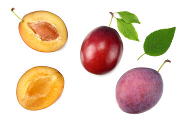 fresh plum fruit with green leaf and cut plum slices isolated on white background. top view