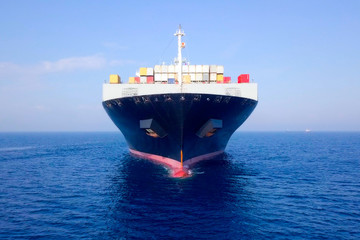 Container ship at sea - Aerial image of a ULCV (Ultra large container vessel) loaded with various...