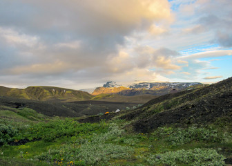 Botnar-Ermstur campsite and sunset above volcanic landscape, Laugavegur Trail from Thorsmork to Landmannalaugar, Higlands of Iceland, Europe