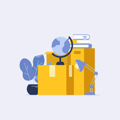 House moving flat concept with carton boxes and various things.