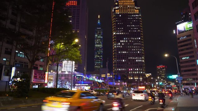 night time illuminated taipei city center traffic street panorama 4k taiwan
