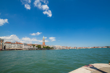 Sea view on The Riva degli Schiavoni  and campanile of San Marco, Venice, Italy. 