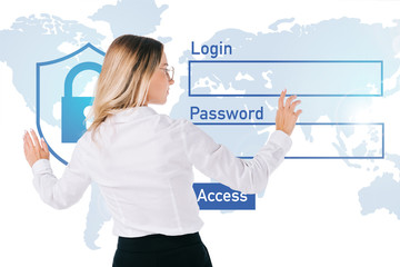 back view of businesswoman in eyeglasses pointing at cyber security sign isolated on white, information security concept