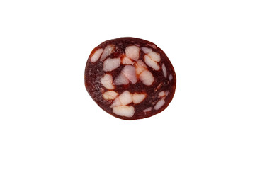 Slice of salami sausage isolated on white background