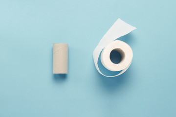 A roll of unwrapped toilet paper and an empty toilet paper roll against a blue background. Flat lay, top view