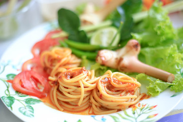 Pasta spicy sour soup Thai style. (Spaghetti tom yum)