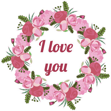 Vector wreath of pink peonies with the word love.